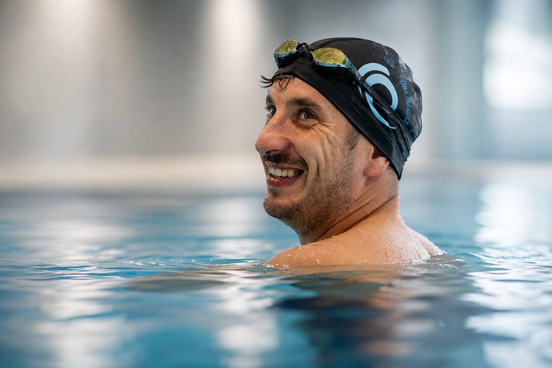 Kuba - trener Be like water, w czepku z logo szkoły, uśmiechnięty w basenie